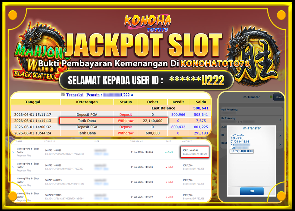 KONOHATOTO78 JACKPOT MAHJONG WINS 3 BLACK SCATTER Rp.Rp.22.140.000,- LUNAS